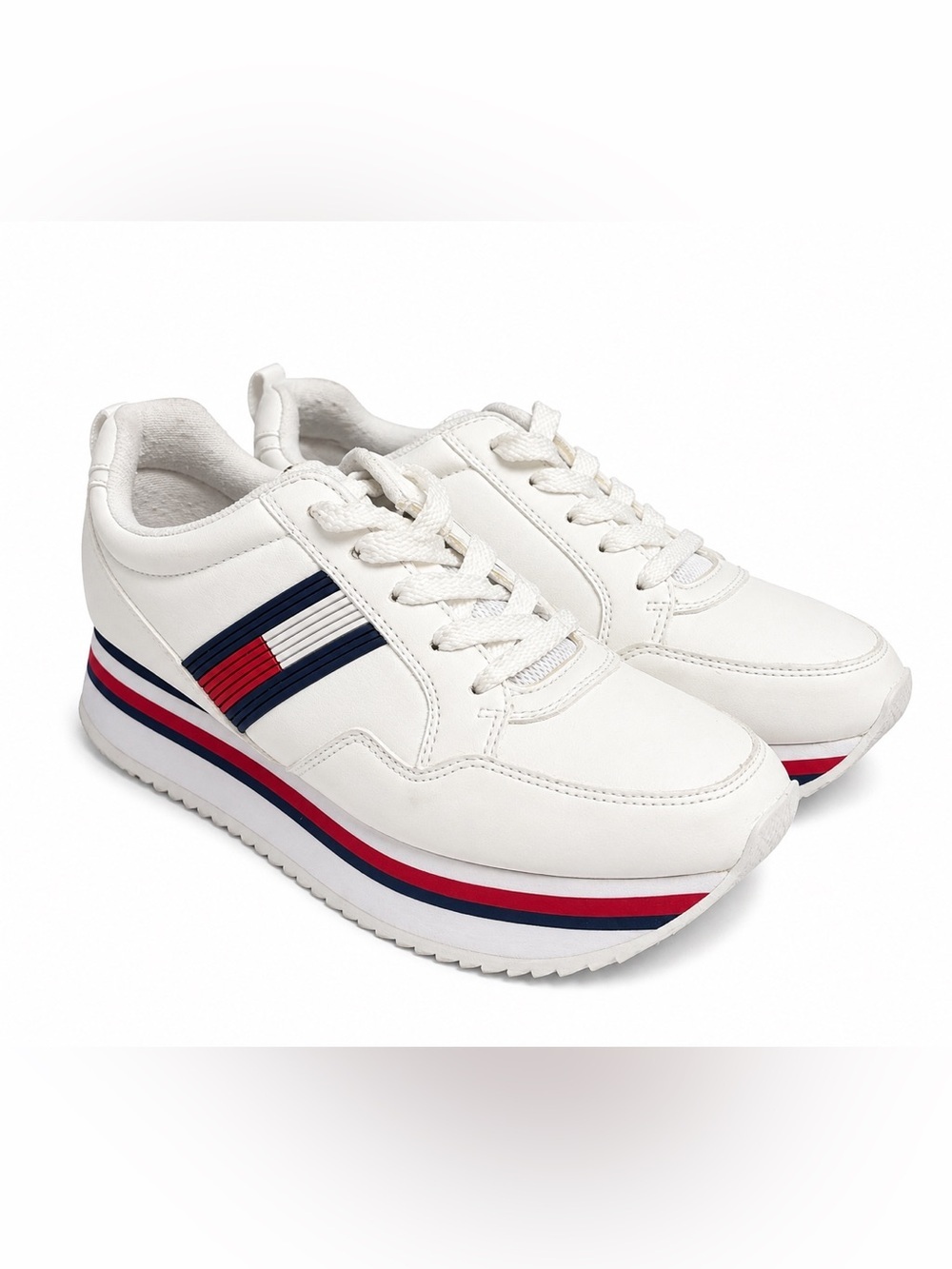 Tommy Hilfiger Women’s White Platform Sneakers - Logo Stripe Shoes. Size: 8